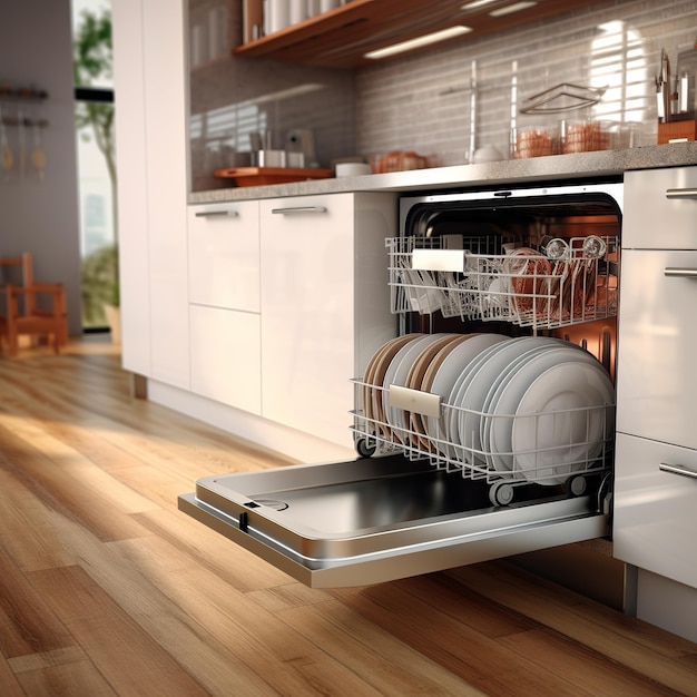 Empty Opened Dishwasher in kitchen perfect look ultra HD Generative ai