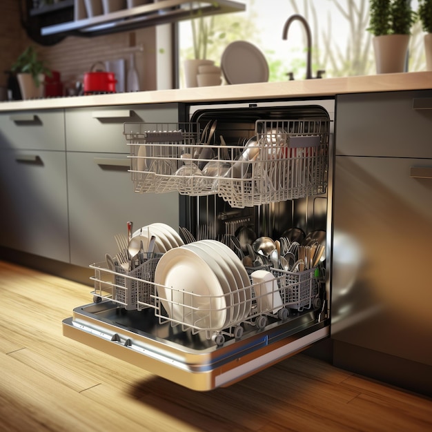 Empty Opened Dishwasher in kitchen perfect look ultra HD Generative ai