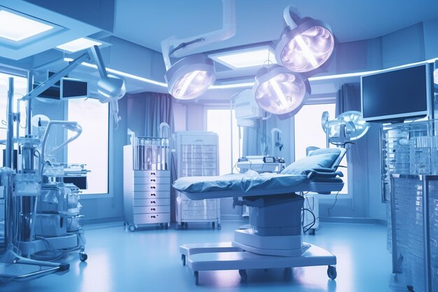 Empty operating room with patient lying under cover Generative AI