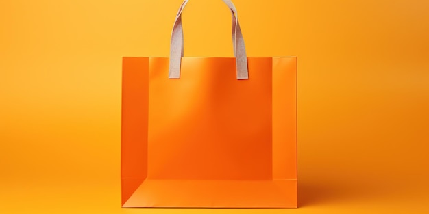사진 노란색 배경에 빈 오렌지색 쇼핑 가방 복사 공간 텍스트 가을 판매 이벤트에 대한 창의적인 개념 디자인