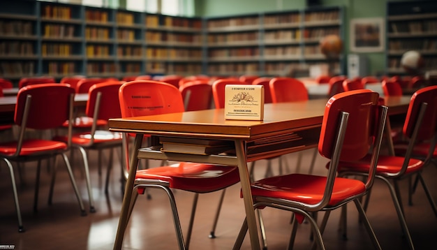 Empty Orange desks with chairs in classroom Front view background Back to school