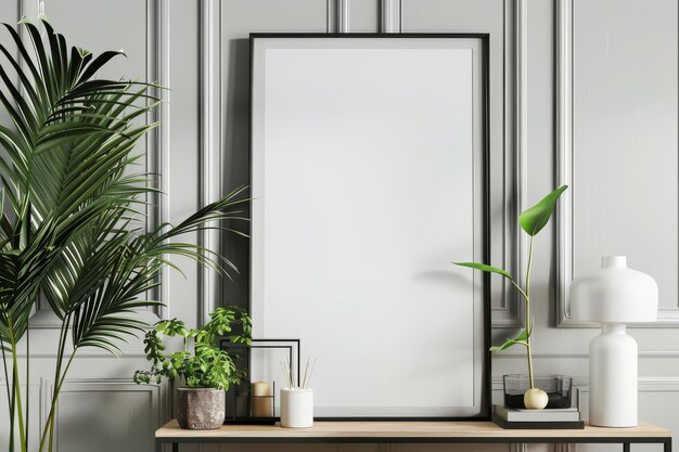 Empty painting in a black frame in a minimalist designer interior with plants