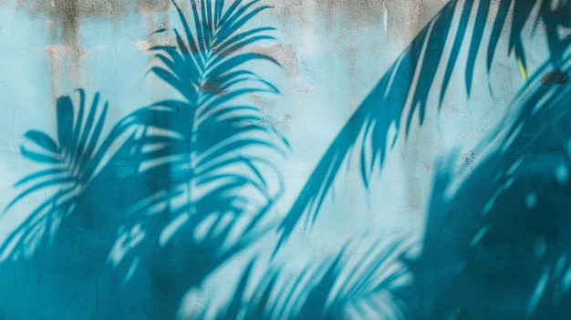 Empty palm shadow blue color texture pattern cement wall background Generative Ai