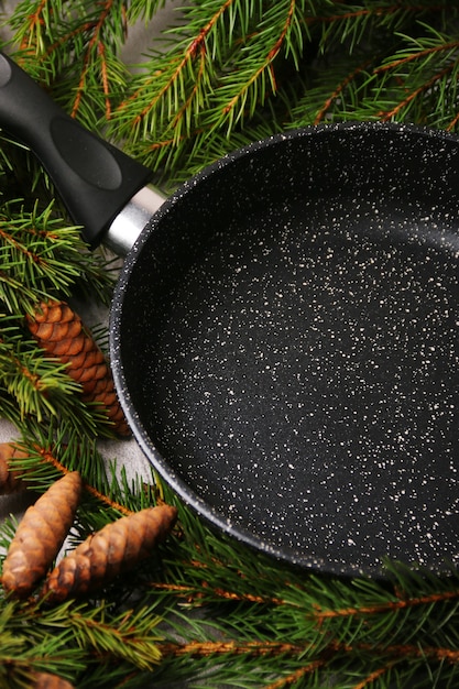 Empty pan closeup with christmas tree and cone