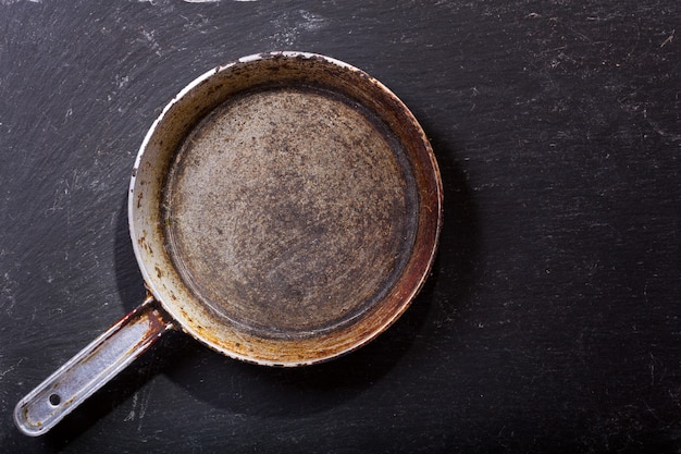 Empty pan on a dark table, top view