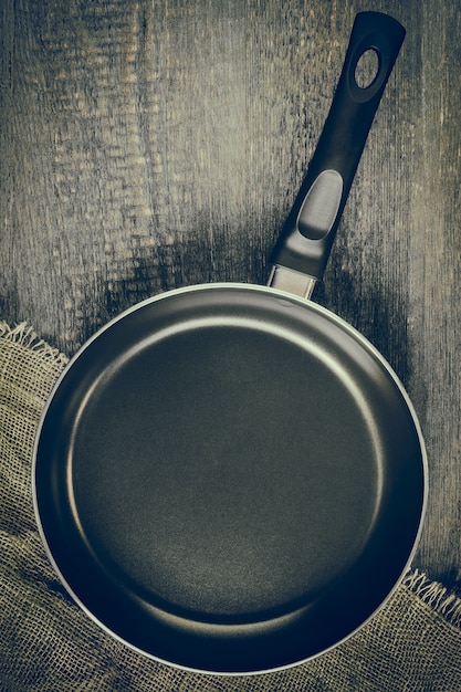 An empty pan on a wooden table