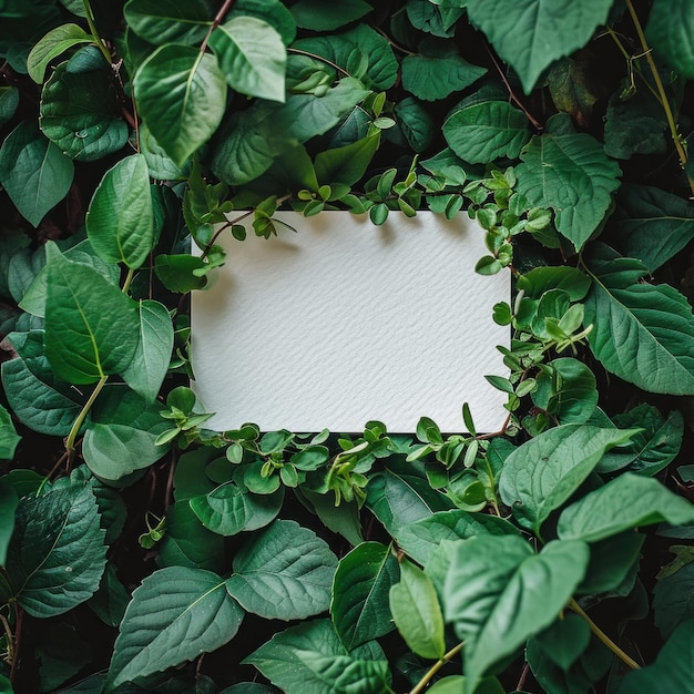 Photo an empty paper card surrounded by green leaf