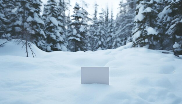 Foto cartolina di carta vuota distesa su un paesaggio innevato con alberi di pino medio colpo ultradetailed