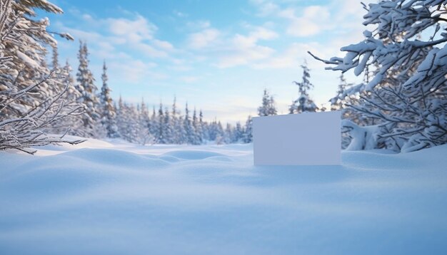 Foto cartolina di carta vuota distesa su un paesaggio innevato con alberi di pino medio colpo ultradetailed