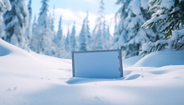 Foto cartolina di carta vuota distesa su un paesaggio innevato con alberi di pino medio colpo ultradetailed