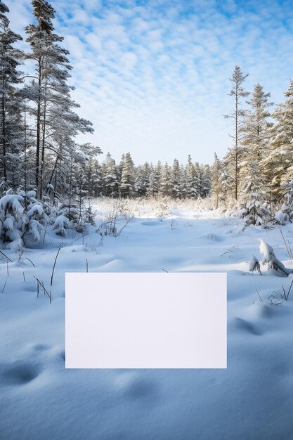 Foto cartolina di carta vuota distesa su un paesaggio innevato con alberi di pino medio colpo ultradetailed