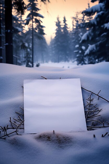 Photo empty paper postcard lying on a snowy landscape with pine trees medium shot ultradetailed