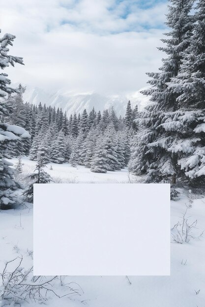 Foto cartolina di carta vuota distesa su un paesaggio innevato con alberi di pino medio colpo ultradetailed