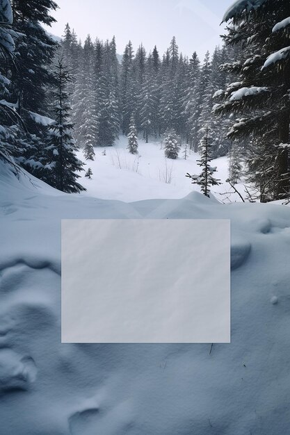 Photo empty paper postcard lying on a snowy landscape with pine trees medium shot ultradetailed