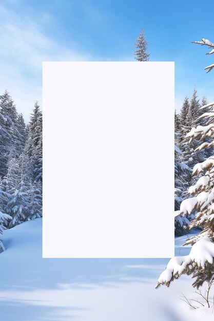 Photo empty paper postcard lying on a snowy landscape with pine trees medium shot ultradetailed