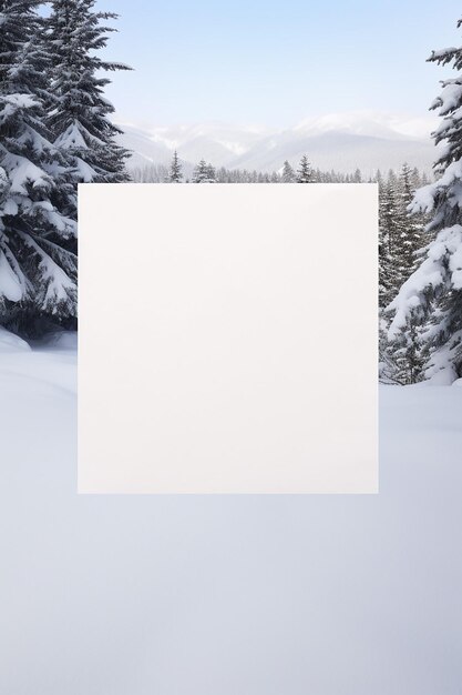 Photo empty paper postcard lying on a snowy landscape with pine trees medium shot ultradetailed