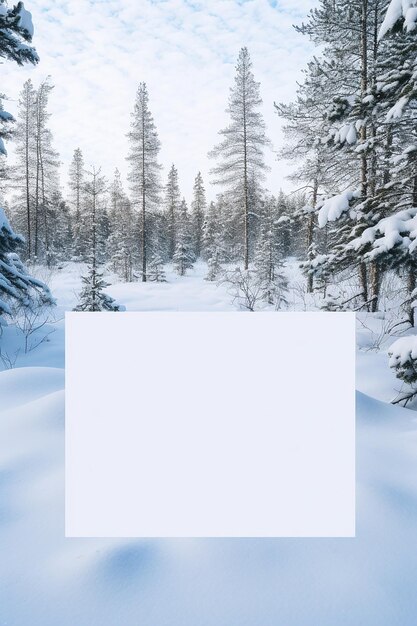 empty paper postcard lying on a snowy landscape with pine trees medium shot Ultradetailed