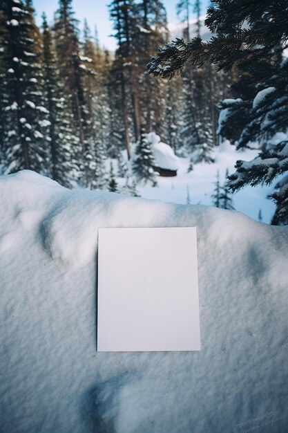 Foto cartolina di carta vuota distesa su un paesaggio innevato con alberi di pino medio colpo ultradetailed