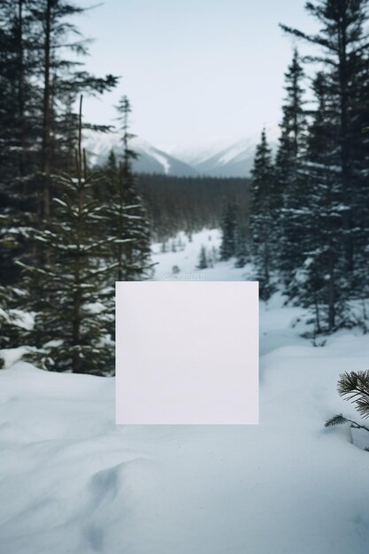 Photo empty paper postcard lying on a snowy landscape with pine trees medium shot ultradetailed