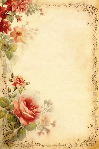 Empty parchment page with floral frame created with generative AI