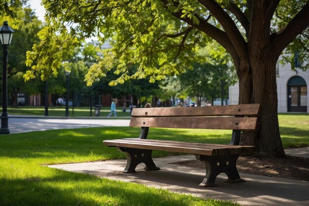 Empty park bench with lush greenery