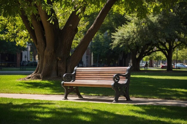 Foto panchina vuota in un parco con una vegetazione lussureggiante