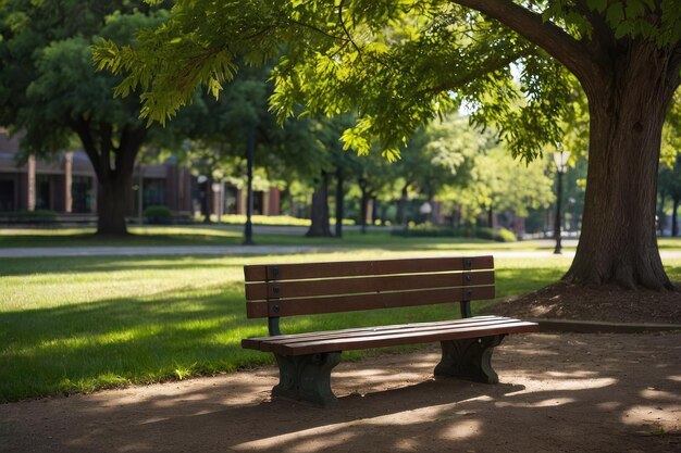 茂った緑のある空の公園のベンチ