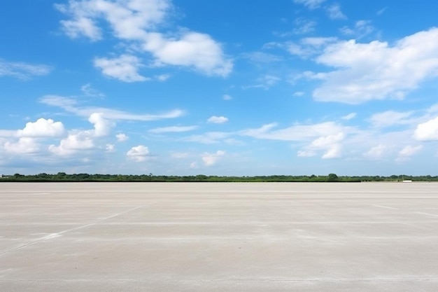 an empty parking lot with a blue sky in the background