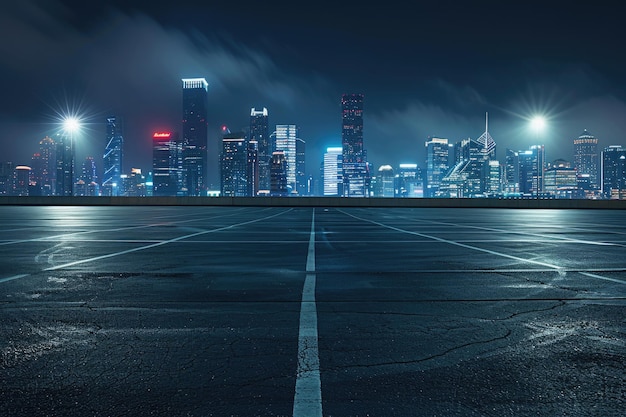 empty parking space in downtown with illuminated modern cityscape and buildings at night