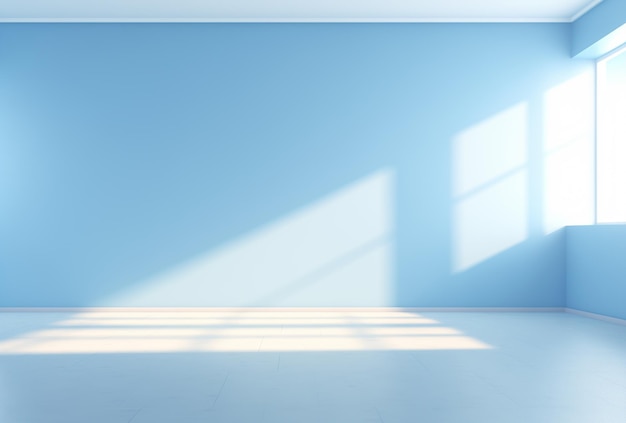 Empty pastel blue room background with sunlight