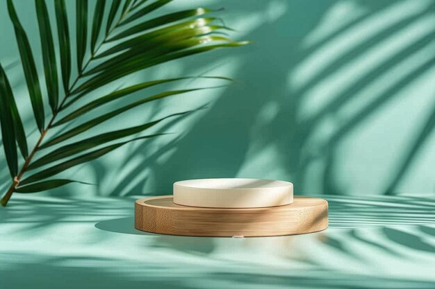 Empty pedestal with palm leaves for cosmetics product display