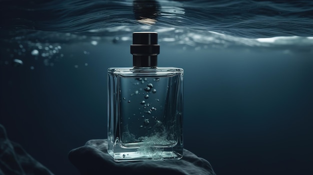 Empty perfume bottle mockup on sea background for cosmetic branding AI generated