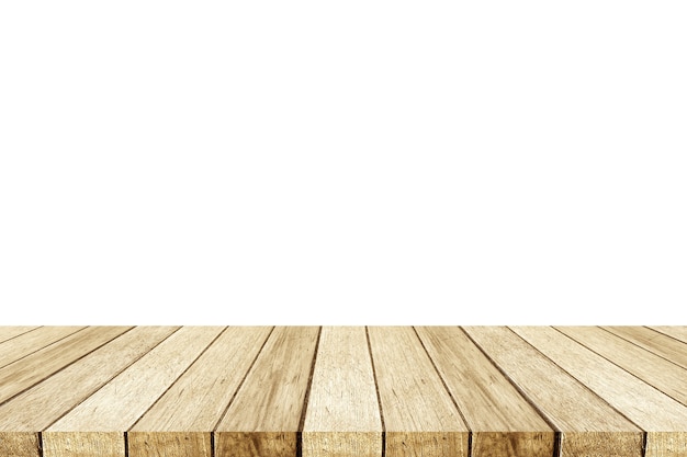 Empty perspective wood , table, isolated on white background, product display montage