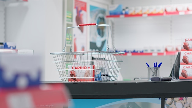 Empty pharmacy checkout counter with boxes of medicine