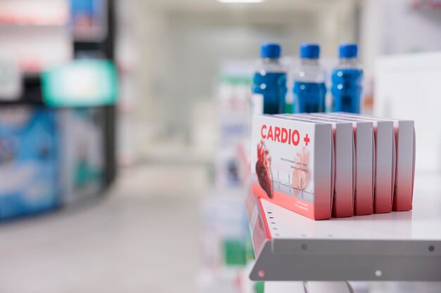 Empty pharmacy retail store with cardiology pills and treatment on shelves