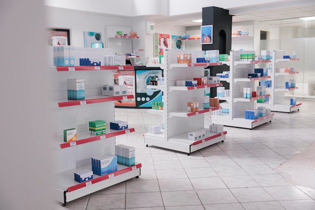 Пустая аптека, в которой никого нет, с полками, полными упаковок от таблеток и фармацевтических продуктов, готовых для покупателей. Аптека, наполненная витаминами, служба поддержки здравоохранения и концепция
