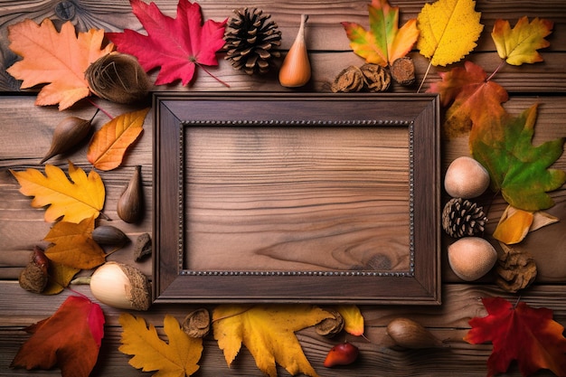 Cornice fotografica vuota in legno stagionato circondata da foglie e pino