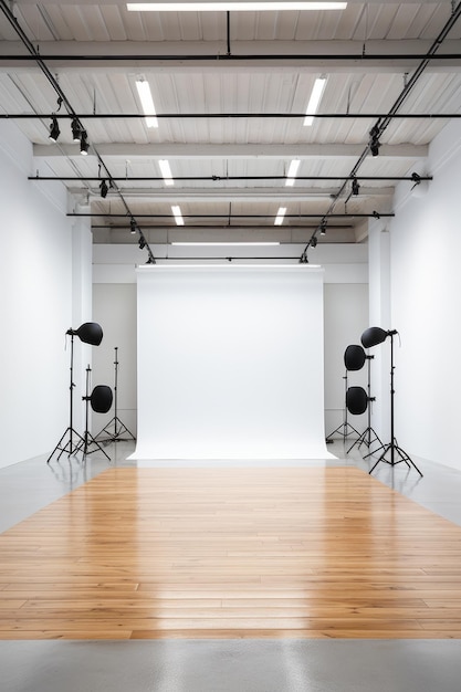 Photo an empty photo studio with a white background and wooden floor