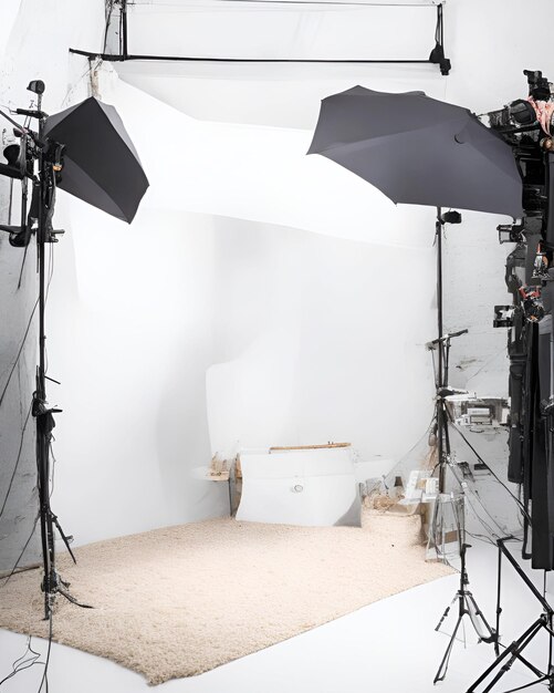 empty photo Studio with white cyclomete Mono block with flashes using soft boxe of AI Generated