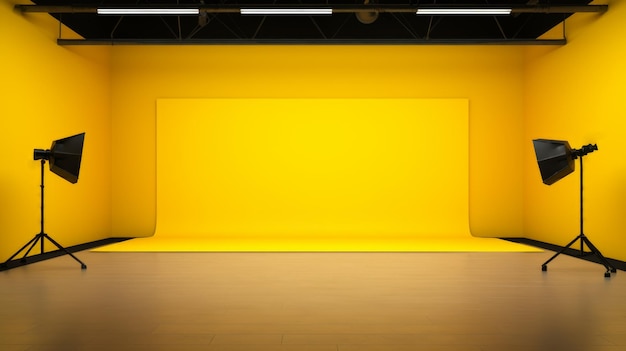 Photo empty photo studio with yellow background and professional lights creative space concept generative ai