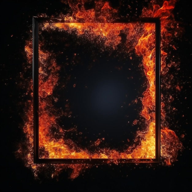 Empty picture frame in fire embers particles over black background Fire sparks around