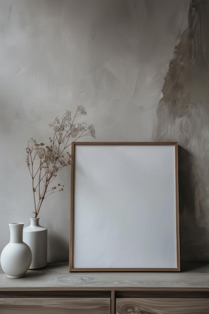 Фото Мокет пустой рамки с растениями в вазе на деревянном столе скандинавский дизайн интерьера