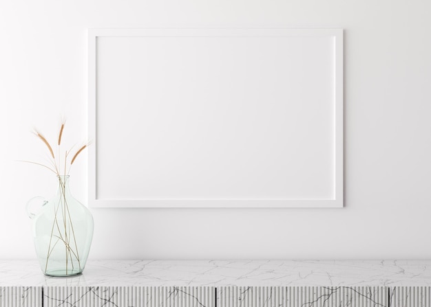 Empty picture frame on white wall in modern living room. mock\
up interior in minimalist, scandinavian style. free space for your\
picture. marble console and dried grass in glass vase. 3d\
rendering.
