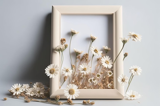 Empty picture frame with beautiful bouquet of dry daisies