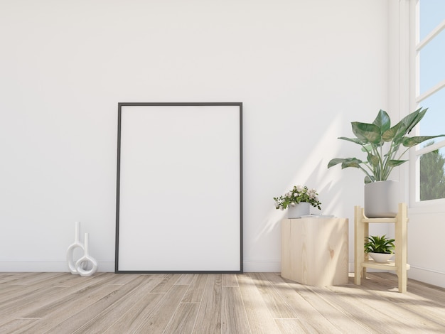 Empty picturer frame on the floor in cozy space Interior frame mockupd rendering