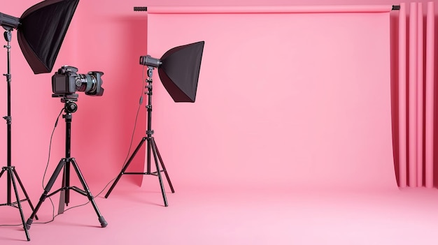 Foto uno sfondo rosa vuoto in uno studio fotografico moderno con apparecchiature di illuminazione e una fotocamera