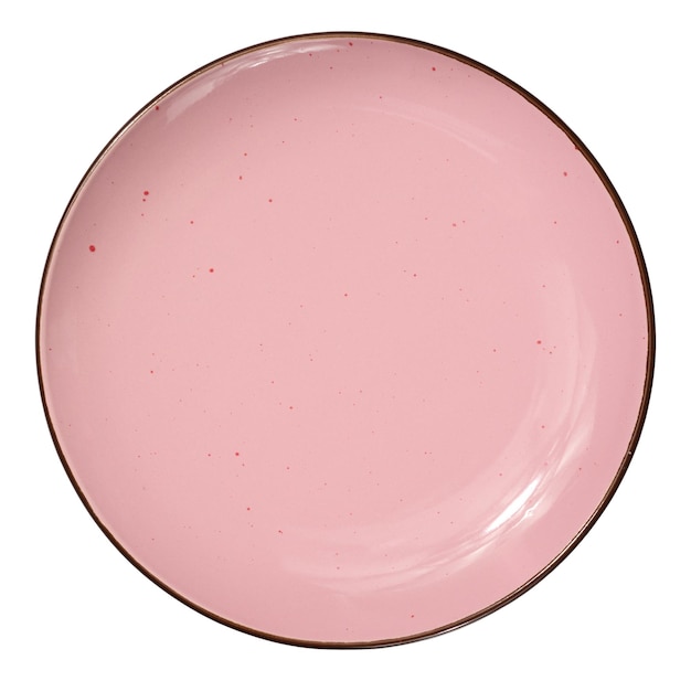 Piatto in ceramica rosa vuoto su sfondo bianco isolato vista dall'alto