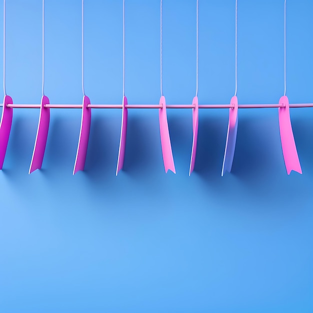 Empty pink clothes hangers on blue background with copy space Sale and shopping concept