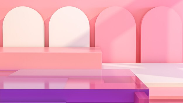 Empty Pink pedestal geometric podium on Pink Background