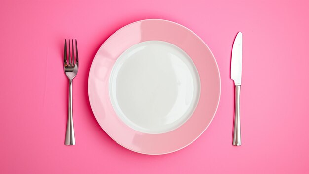 Empty pink plate with fork and knife on pink background top view